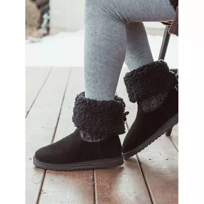 MUK LUKS Womens Black Cable Knit Fold Over Cuffed Faux Shearing Boots Comfy NEW • $12.75