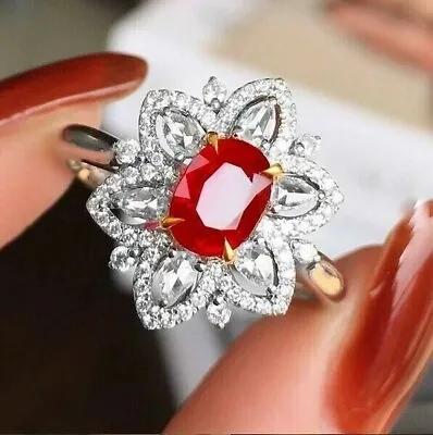 2.50Ct Oval Simulated Red Ruby Flower Wedding Ring 14k White Gold Silver Plated • $114.99
