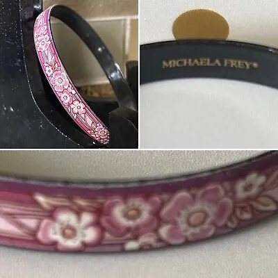 Michaela Frey PINK WHITE SAFFRON FLOWERS On Bronze Enamel Bangle Bracelet • $48