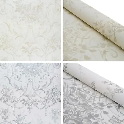 Laura Ashley Floral Damask Tuileries Wallpaper Cream Dark Linen White Silver • £1.99