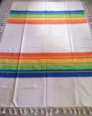 $98 • Buy Mexican Blanket Bedspread Full Queen Striped Zapotec Woven Fringe 80x101