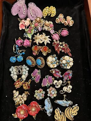 Vintage Costume Jewelry Lot Earrings/ Pins. Rhinestone And Enamel Flowers • $144