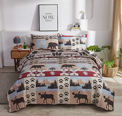 Lodge Bedding Set King Size Rustic Cabin Quilts Moose Bear Bedspread Bed Set • $55.91