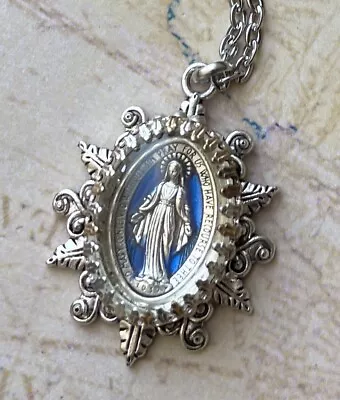 Miraculous Medal Necklace Blue Religious Medal Relief Pendant Under Glass • $27