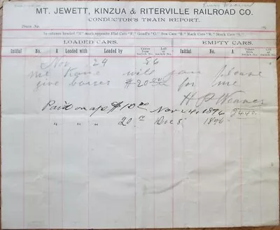 Mt. Jewett Kinzua Riterville Railroad 1896 Document Letterhead Kushequa PA • $9.99