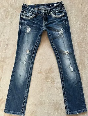 Miss Me Women's Low Rise Easy Cuffed Straight Dark Wash Distressed Jeans Size 25 • $29.99