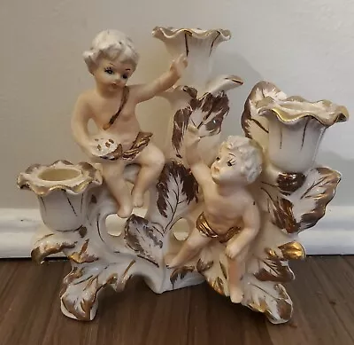 Vintage Cherub Double Candle Holder / China Gold Trimmed Candelabra  • $45