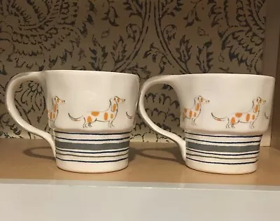 Pair Of Anthropologie Dachshund Dog With Orange Spots Stripe Mugs Cups • $9.99
