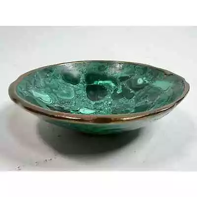 Brass Rimmed Round Malachite Catch All Trinket Bowl 4” • $99.99