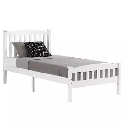Twin Size Modern Bedroom Wooden Bed Frame With Wood Slat Headboard White • $104.59