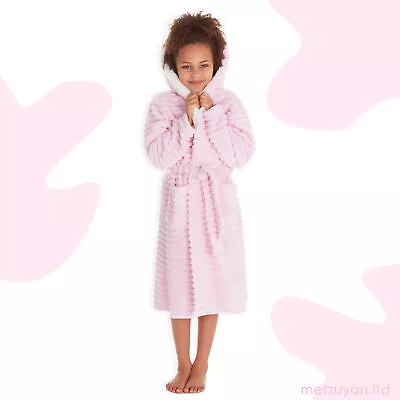 Kids Girls Pink Robe Hooded Dressing Gown Luxury Sherpa Fleece Lining Jacquard  • £14.49