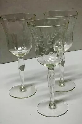 WINE GLASSES Set Of 3- Vintage ~ Etched Optic Floral ~ 8.5 ~ No Cracks • $14.99