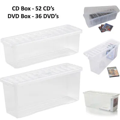 Wham Crystal CD DVD Storage Shelf Box Plastic Clear Box With Lid -52 CDs 36 DVDs • £10.99