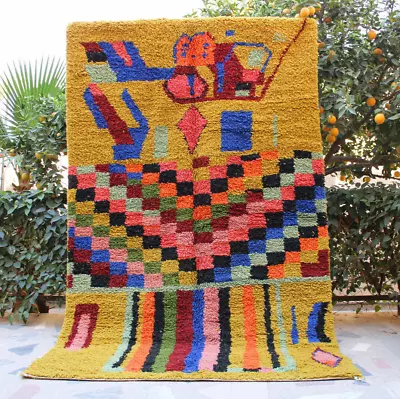 Moroccan Rug Beni Ourain 5x8 Yellow Berber Rug Colorful Rugs Handmade Wool Rug • $449