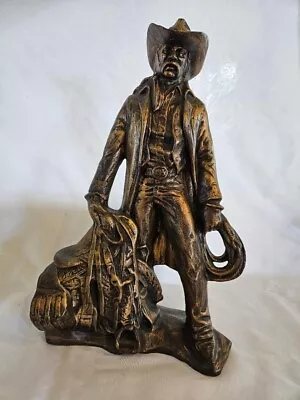 Vintage Cowboy Statue Figurine Painted Plaster Copper Tone 14  Saddle Rope • $22.99