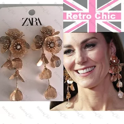 Zara Statement PRINCESS Bafta BIG CASCADING FLOWER EARRINGS Gold Tone CRYSTAL • £16.50