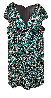 £12.99 • Buy Rocha John Rocha  Navy Turquoise White Floral GeorgetteV Neck A-line Dress Sz 20