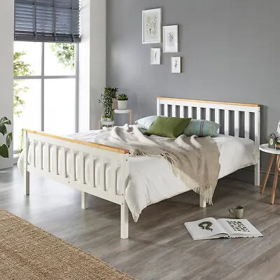 Aspire Beds Solid Wood White Bed Frame Choice Of Natutral Wood Tops All Sizes • £300