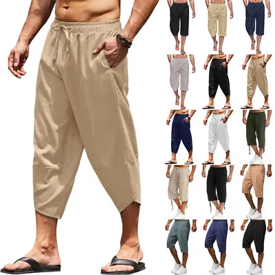 Men's 3/4 Length Shorts Elastic Waist Casual Loose Summer Beach Cropped Trousers • £12.49