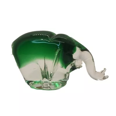 Blown Art Glass Elephant  Clear Crystal & Emerald Green Trunk Down • $25