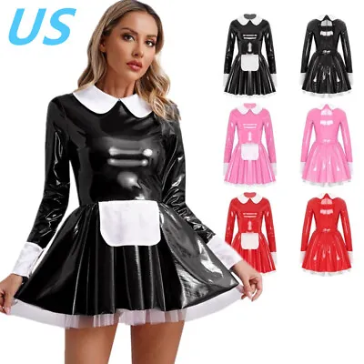 US Women's French Maid Cosplay Costume Wetlook Patent Leather Long Sleeves Dress • $21.68