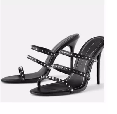 $40 • Buy Zara Black Studded Strappy High Heels Mules, Size 7.5
