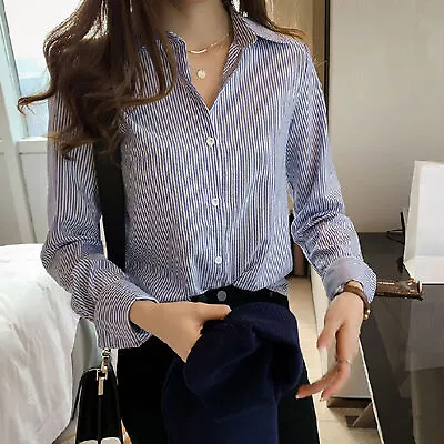 Office Blouse Single Breasted Versatile Women Vertical Striped Print Office Top • $19.71