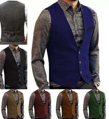 Casual Mens Tweed Waistcoat Herringbone Vest Wedding Vintage Wool Groomsman Work • $14.99