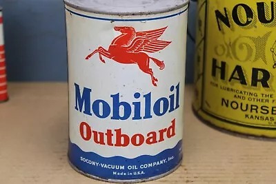 Hard To Find~ 1940s Era MOBIL OUTBOARD MOTOR OIL Old Soldered Seam Tin 1 Qt. Can • $75