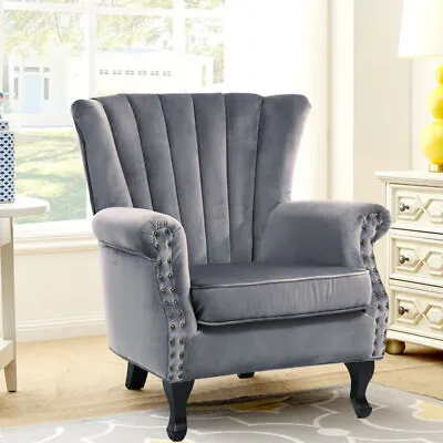 Vintage Shell Back Armchair Queen Anne Velvet Single Sofa With Rivets Tub Chairs • £169.95