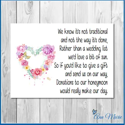 10 Personalised Wedding Money Poem / Honeymoon Wish Poems Card / Gift Poem Cards • £2.99