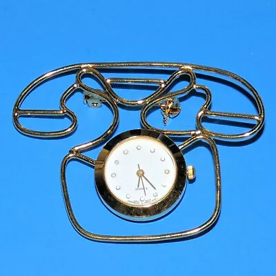 Vintage Telephone Watch Brooch Pin Phone Clock Rhinestones Quartz Japan Movt • $22.49