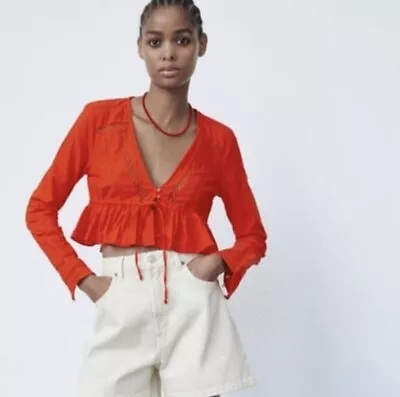 ZARA Orange Peplum Long Sleeve Crop Top Linen Blend Crochet Inserts M NWOT • $18.74