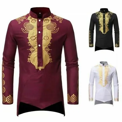 Men's Dashiki African Clothing Traditional Luxury Gold Printed Long Henley Shirt • £27.59