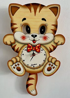 Wooden BARTOLUCCI ‘Cat’ Clock With Pendulum & Moving Eyes NEW Hand Finished • $33.56