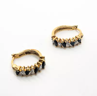 Black Spinel Gold Over Sterling Silver Vintage Leverback Hoop Earrings • $19.20