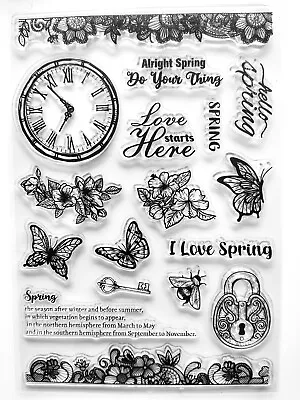 Lock & Key Clock Flowers Butterfly Lace Clear Stamp Set - Approx 16 X 11 Cm • £5.35