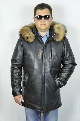 Black 100% Real Lambskin Leather Raccoon Hood Jacket Car Coat Puffer Bomber S-5X • $187