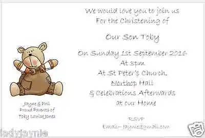 £15 • Buy Pack Of 20 Christening Invitations - Teddy Bear With Dungarees - Postcard Style