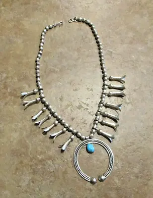 16  PETITE Vintage Navajo Sterling Silver Turquoise SQUASH BLOSSOM Necklace • $369