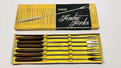 Vintage 6 Pc Stainless Steel Fondue Forks With Wood Handles In Original Box • $16