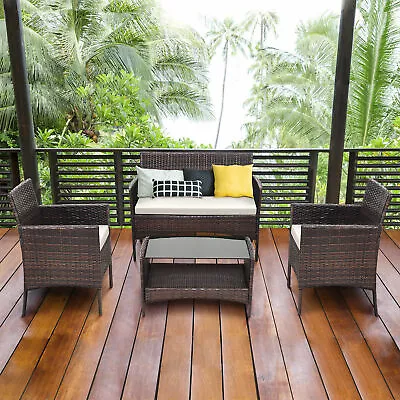 4 PCS Outdoor Patio Rattan Furniture Set Table Shelf Sofa W/ Beige Cushions • $189.99