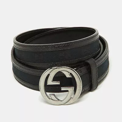 Gucci Black GG Canvas And Leather Interlocking G Buckle Belt 105CM • $327.60