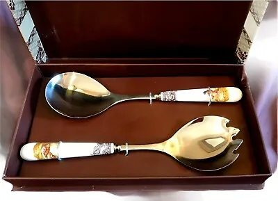 Spode Salad Servers Fork Spoon Set Woodland Pattern Fall Harvest Pheasant Birds • $44.95