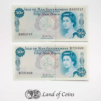 ISLE OF MAN: 2 X 50 New Pence Isle Of Man Banknotes. • $29.60