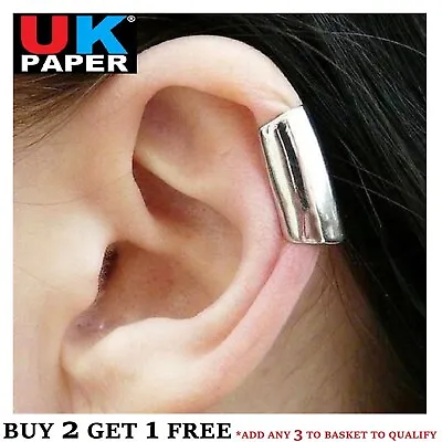 Silver Long Smooth Cartilage Upper Helix Ear Cuff Clip-on Wrap Emo Punk Earring • £2.99
