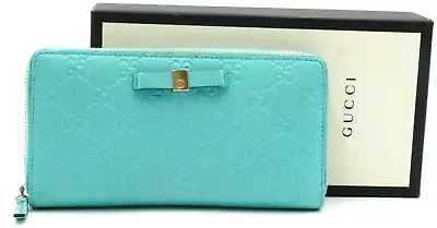 Authentic GUCCI Guccissima Zip Around Long Wallet Purse Leather Ribbon Blue • $174