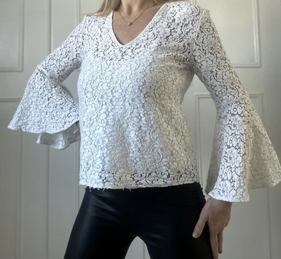 $9.76 • Buy Zara Ivory Cream Floral Lacey Style Top With Bell Sleeves Size S