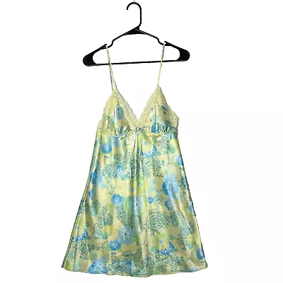 Vintage Y2K Womens Mini Dress Spaghetti Strap Satin Slip Floral 2000s • $21.95