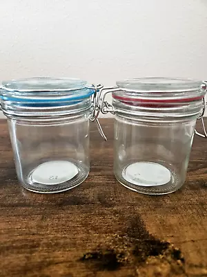 Set Of TWO Clear Glass Jars With Lock Lid Small  1 Red Seal 1 Teal Sea • $15